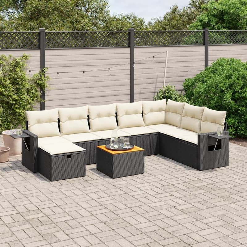 vidaXL Patio Sofa Set with Cushions Outdoor Furniture 9 Piece Poly Rattan - Black and cream without storage - 24.4 x 24.4 x 27.2 in