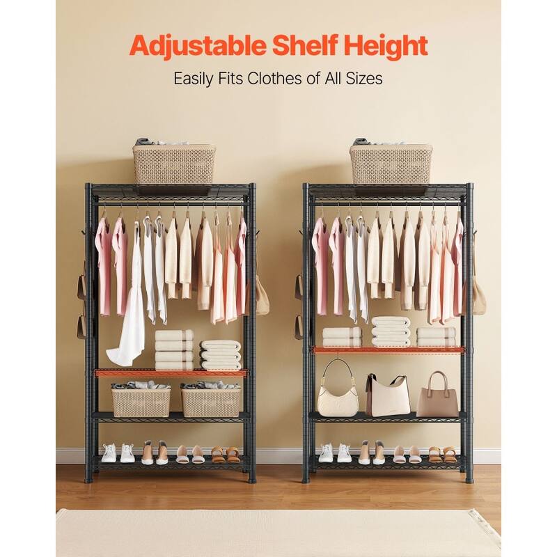 Black Carbon Steel Clothes Rack with 4 Adjustable Shelves 8 Hooks and Hanging Rod for Closet - 30 x 14.02 x 76.38 in