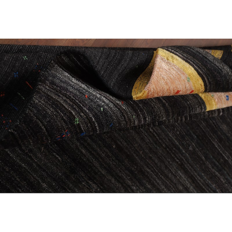 Striped Black Gabbeh Oriental Area Rug Hand-Knotted Silk Carpet - 8'2" x 9'8"