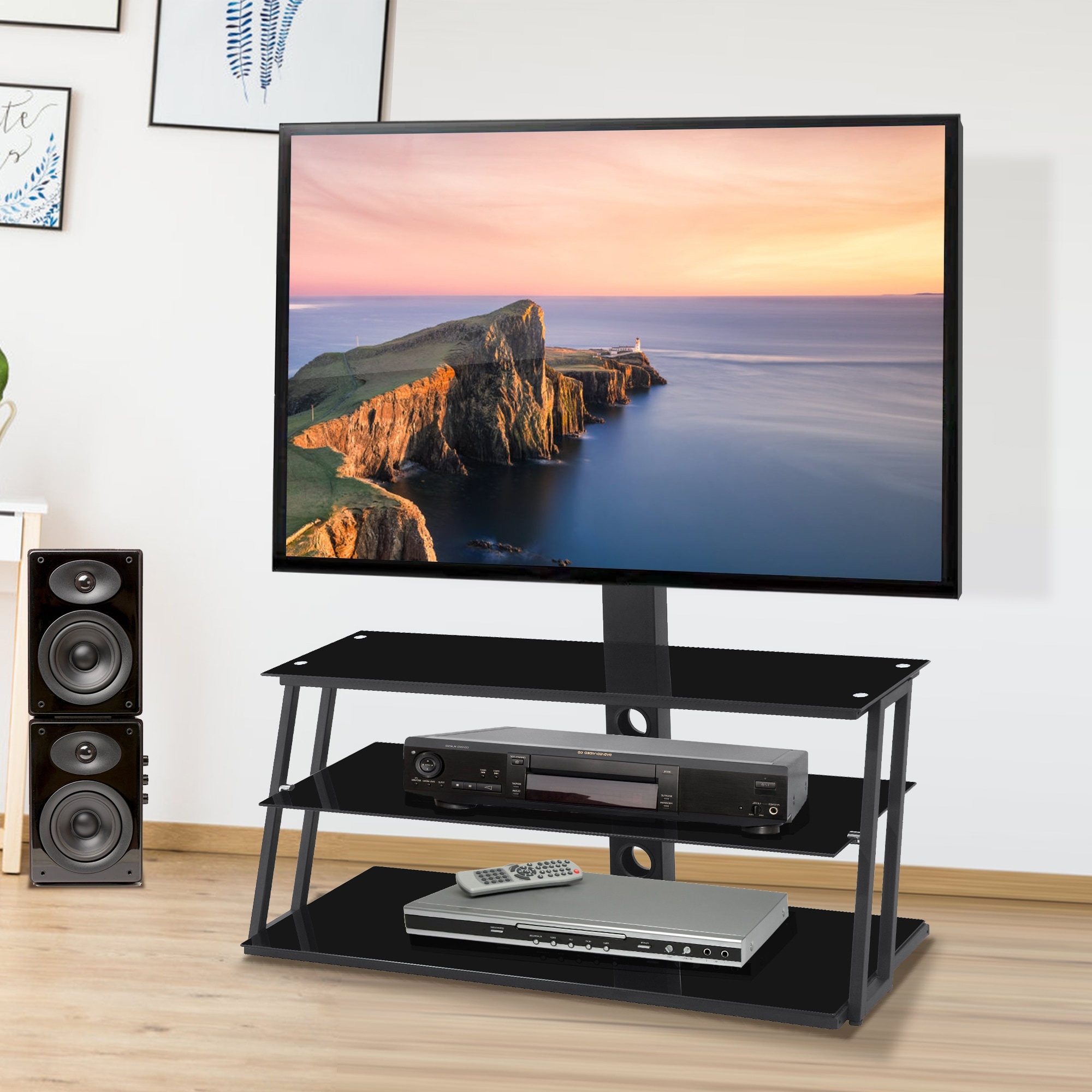 Floor Swivel TV Stands with Mount Component Shelves For 32-65" Flat Screen TVs 