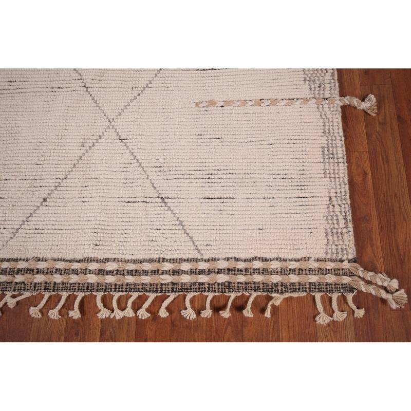 All-Over Ivory Moroccan Modern Area Rug Hand-Knotted Wool Carpet - 8'7"x 12'7"