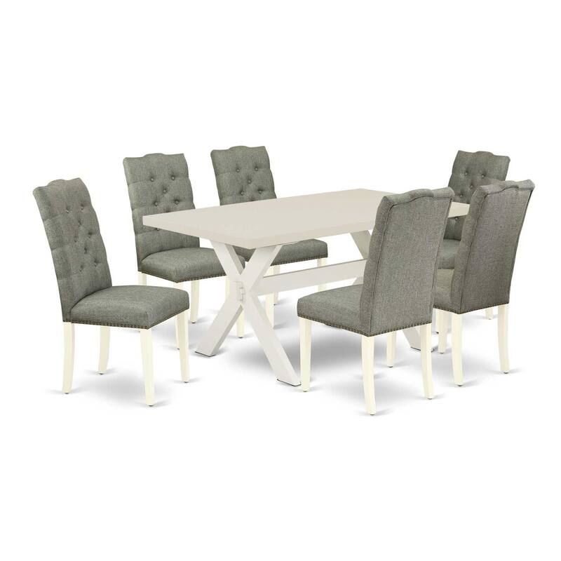 Boho Dining Set - 7 Piece Table & Chairs - Linen Fabric Upholstered Dining Room Set - 36x60 Inch Table - 60