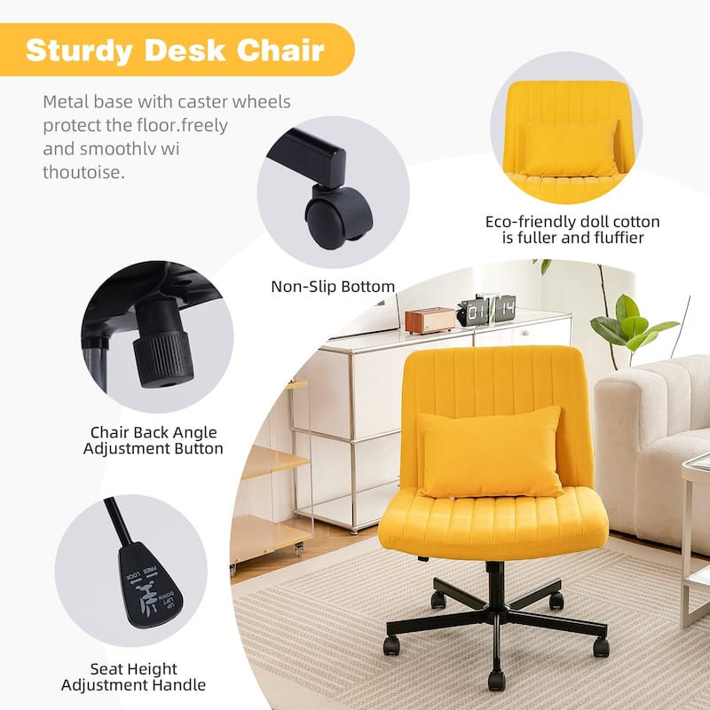 Criss Cross Chair with Wheels, Adjustable Armless Swivel Rolling Chair, Linen Upholstered Office Chair with Lumbar Pillow