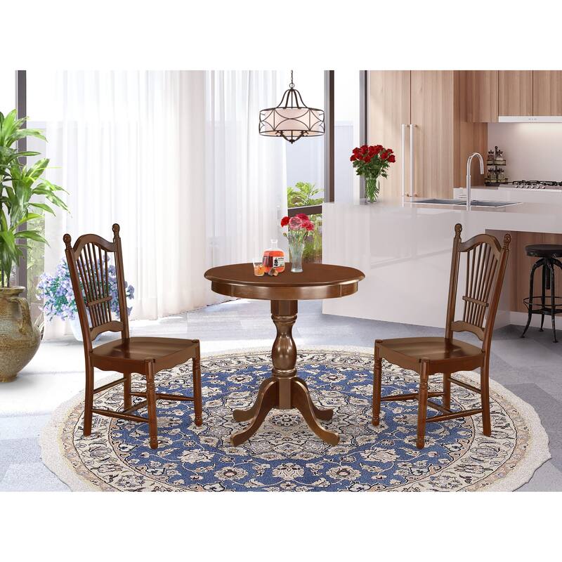 East West Furniture 3 Piece Dining Table Set- a Round Dining Table and 2 Wood Seat Chairs, Mahogany - ESDO3-MAH-W