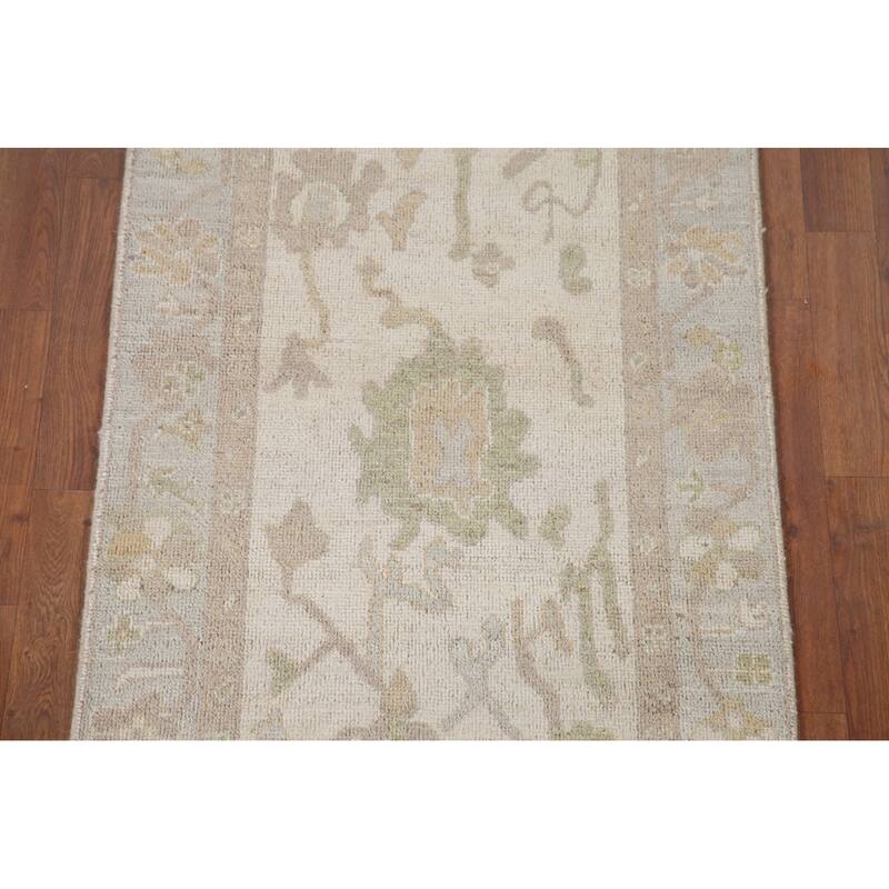 Hand Knotted Oriental 100% Wool Carpet Transitional All-Over Beige & Ivories Oushak Runner Rug - 11' 7'' X 2' 7''