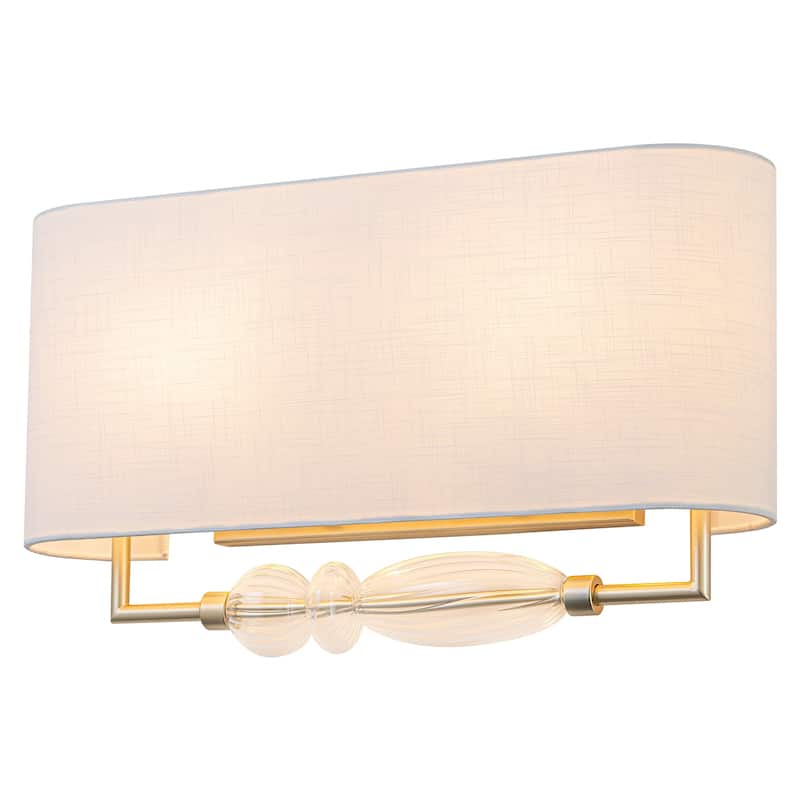 2-Light Wall Sconce Half-Open Linen Shade Striped Glass Globe Accent - Gold