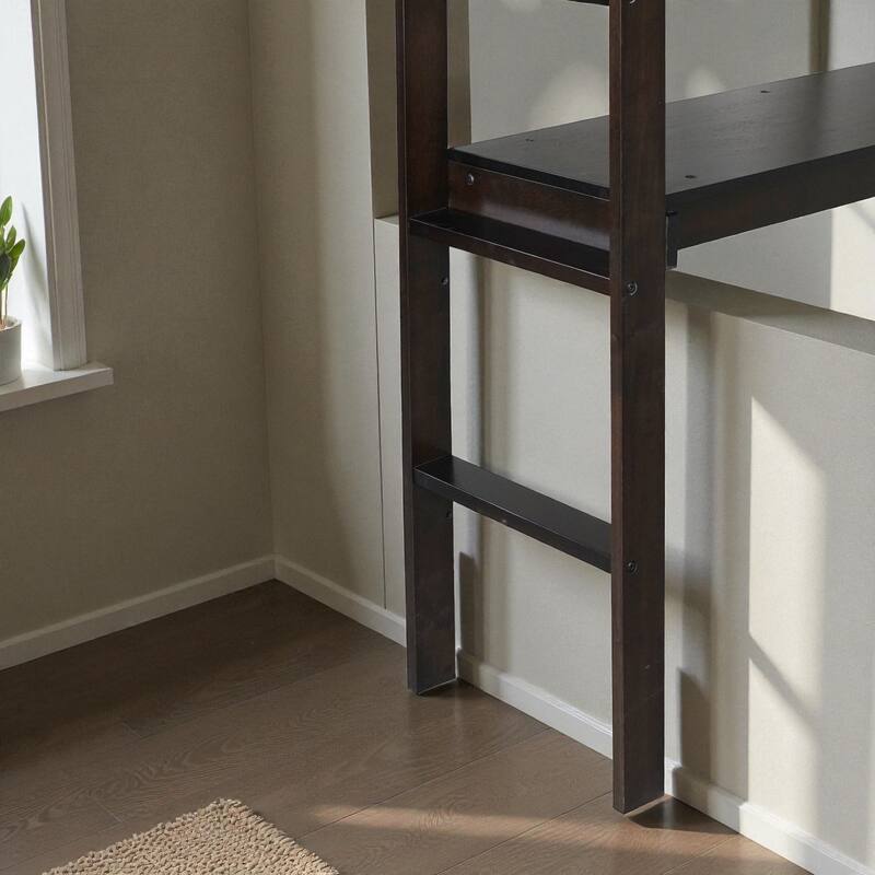 Twin Size Wooden High Loft Bed with Built-in Desk and Ladder, Solid Rubber Wood Loft Bed with Safety Guardrails
