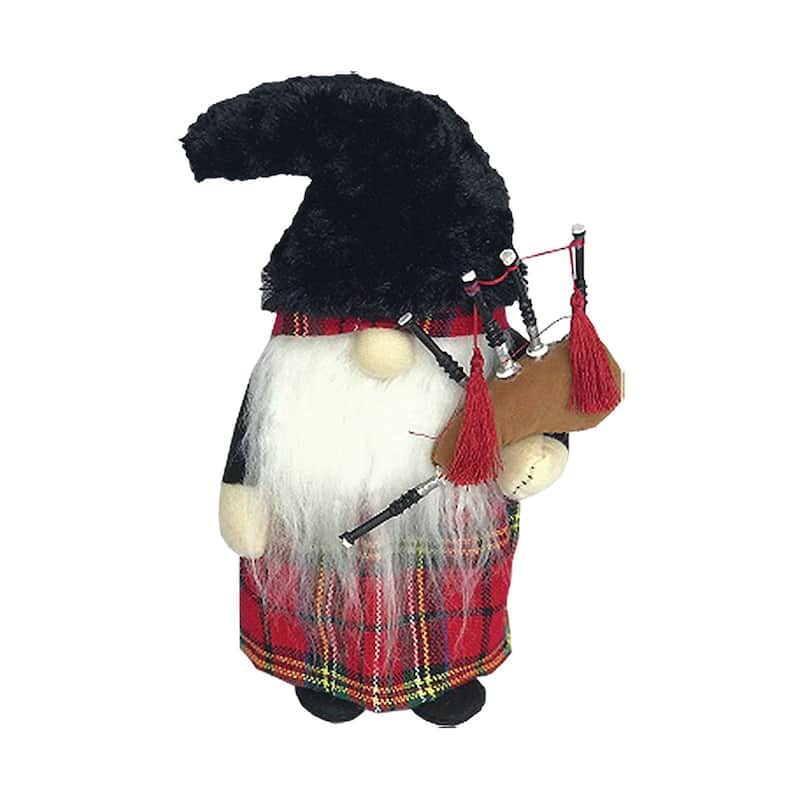14" Red and Black Scottish Plaid Kilt Christmas Gnome Figure with Bagpipes