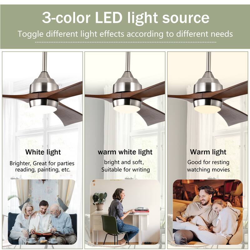 52" Ceiling Fan with Lights Remote Control,Quiet DC Motor 3 Wood Blade Ceiling Fans 6 Speed Levels,Reversible Ceiling Fan