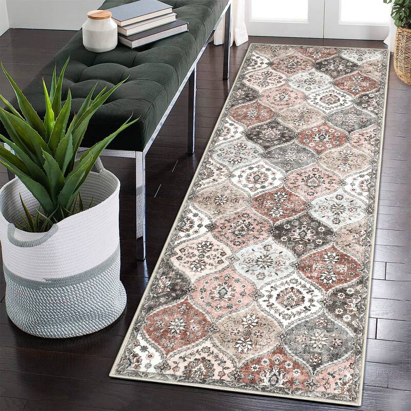 Rugs for Living Room Vintage Oriental Trellis Area Rug Soft Non Slip Low Pile Accent Rugs for Dining Room Office - 2'x6' - Gray Pink