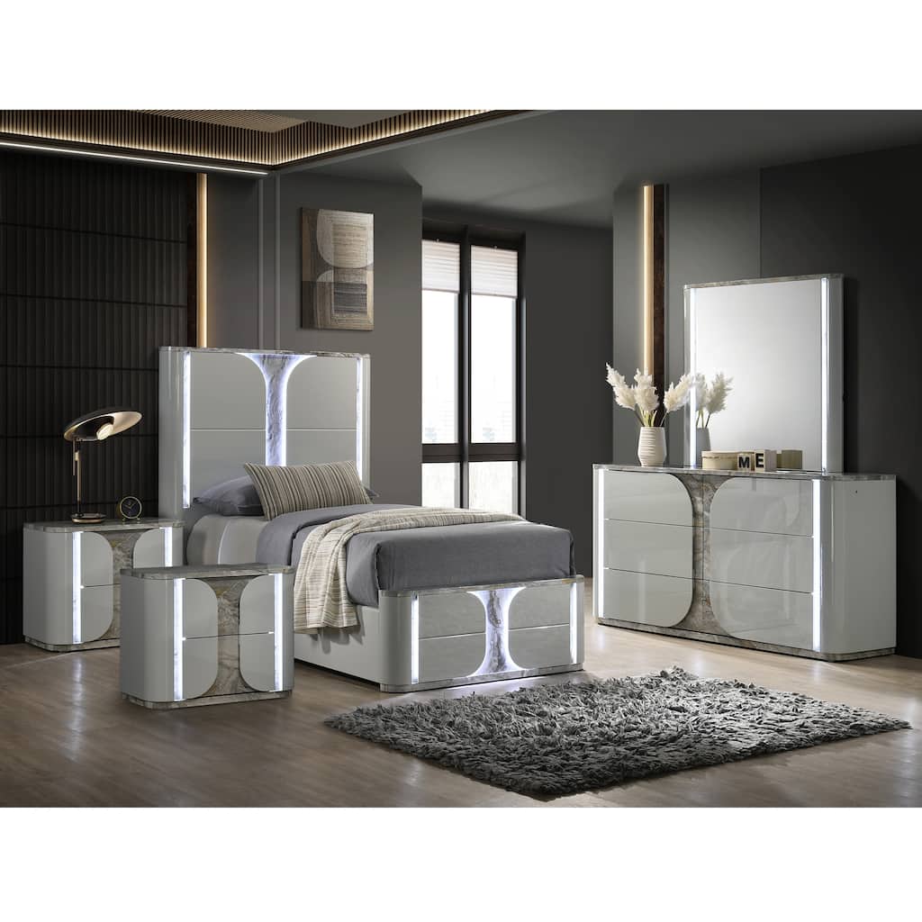 Furniture of America Sherri Modern 5-Piece Light Grey Solid Wood Kids Platform Bedroom Set with LED