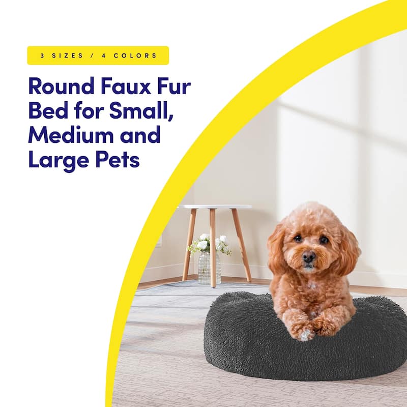 Round Calming Soft Warm Shaggy Plush Faux Fur Donut Pet Dog Cat Sleeping Bed - Dark Gray - 30"
