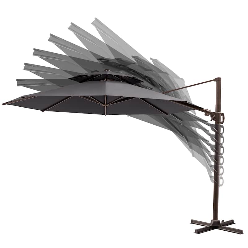 11 ft Outdoor Aluminum Dual Top Solar Powered LED Lighted Patio Cantilever Umbrella and Weighted Base