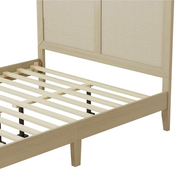 Solid Wood Platform Bed, Queen/King Bed Frame with Rattan Headboard