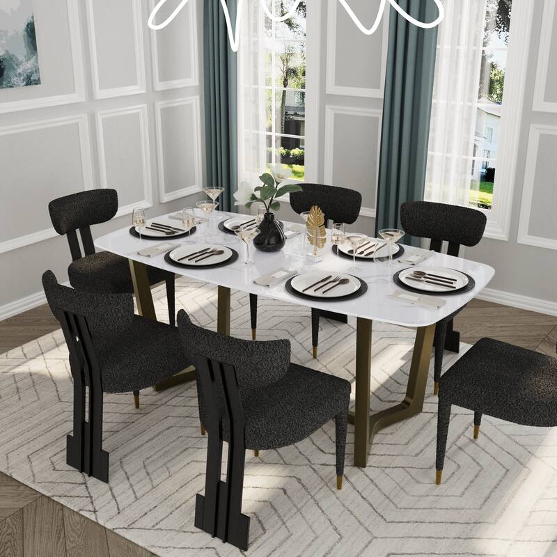 70 inch Dining Table Set with Boucle Dining Chairs