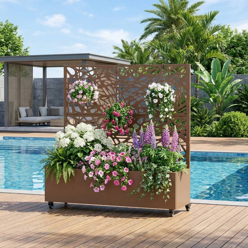 Metal Galvanized Planter Box with Trellis Privacy Screen Lockable Wheels