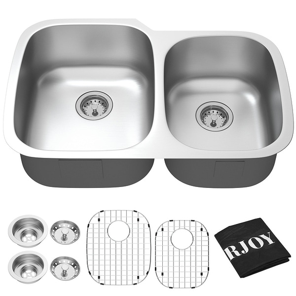 Costway 32'' Undermount 60/40 Double Bowl Kitchen Sink Stainless Steel w/ Accessories - as pic