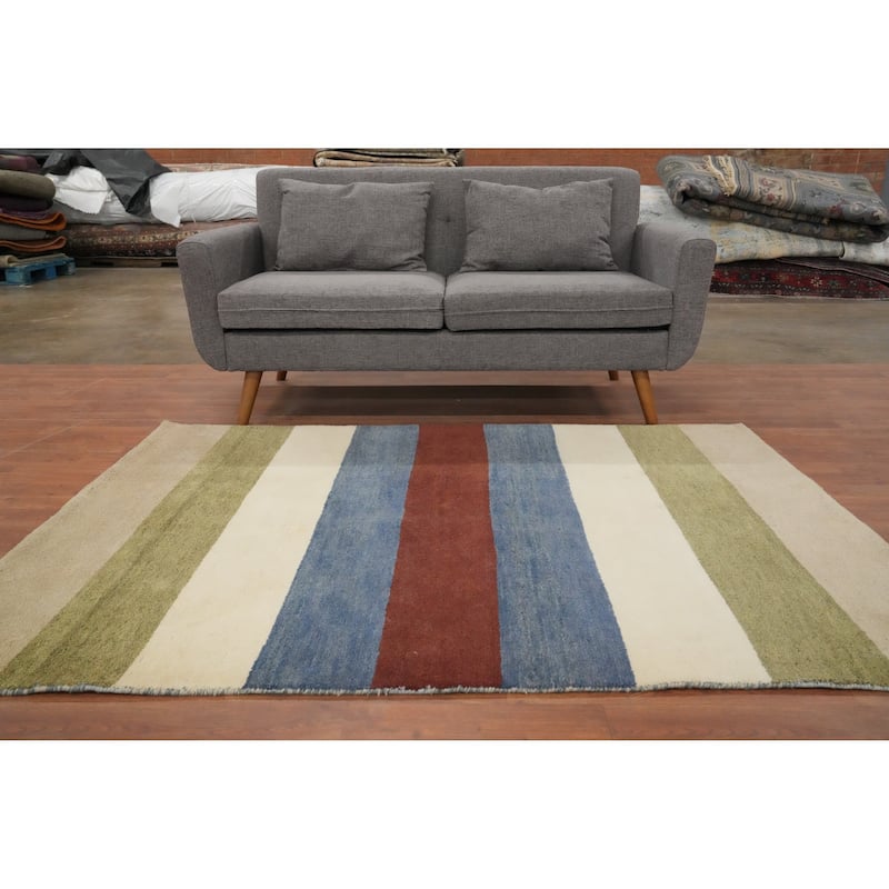 Hand Knotted Oriental 100% Wool Carpet Modern Stripe Multi-Colored Gabbeh Area Rug - 6' 3'' X 4' 7''