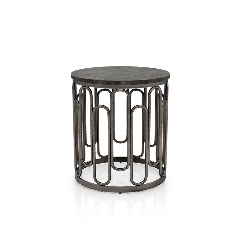 Lars Modern Round End Table with Marble Top, Metal Legs, Sturdy Decorative Metal Base by Furniture of America - Black