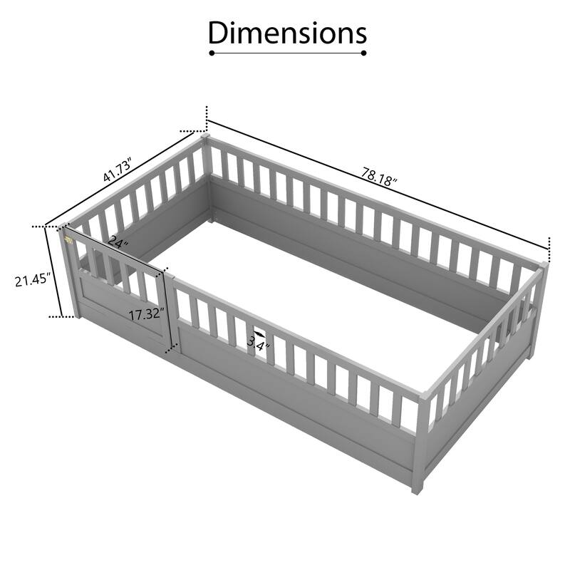 Twin/Full Size Montessori Floor Bed with High Guardrails and Door, Solid Wood Frame