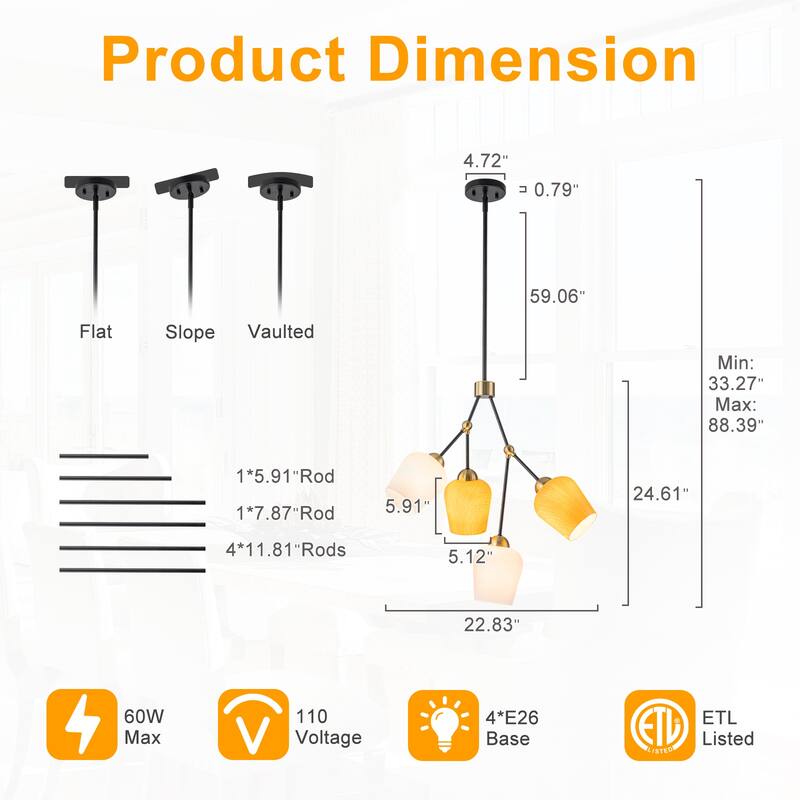 4-Light Black & Gold Y-Shaped Chandelier with Wood-Grain Glass Shades - Dia.22.83-in