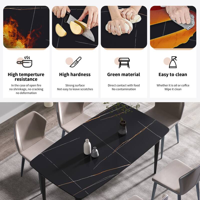 63"Modern artificial stone black curved black metal leg dining table -6 people