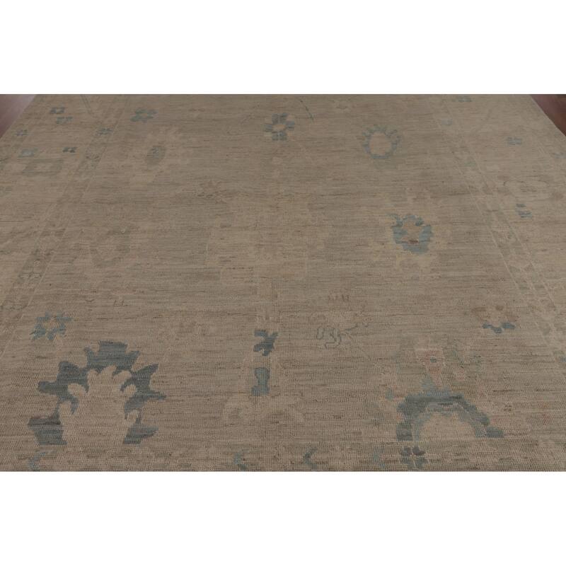 Beige Vegetable Dye Oushak Turkish Rug Hand-Knotted Floral Wool Carpet - 8'11"x 11'7"