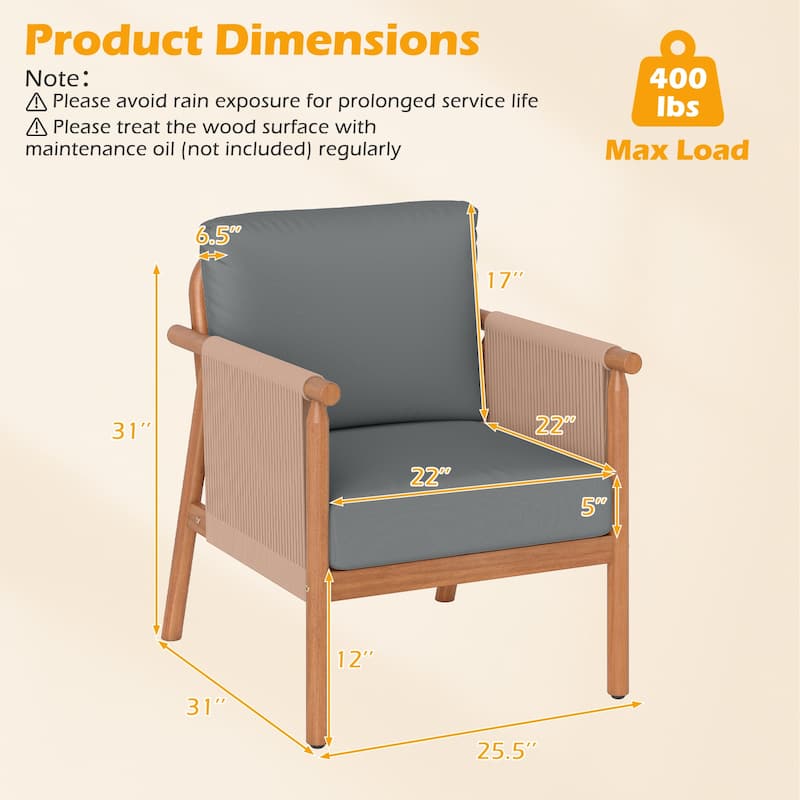 Gymax 2PCS Patio Acacia Wood Chair w/ Woven Rope Armrests & Seat Back