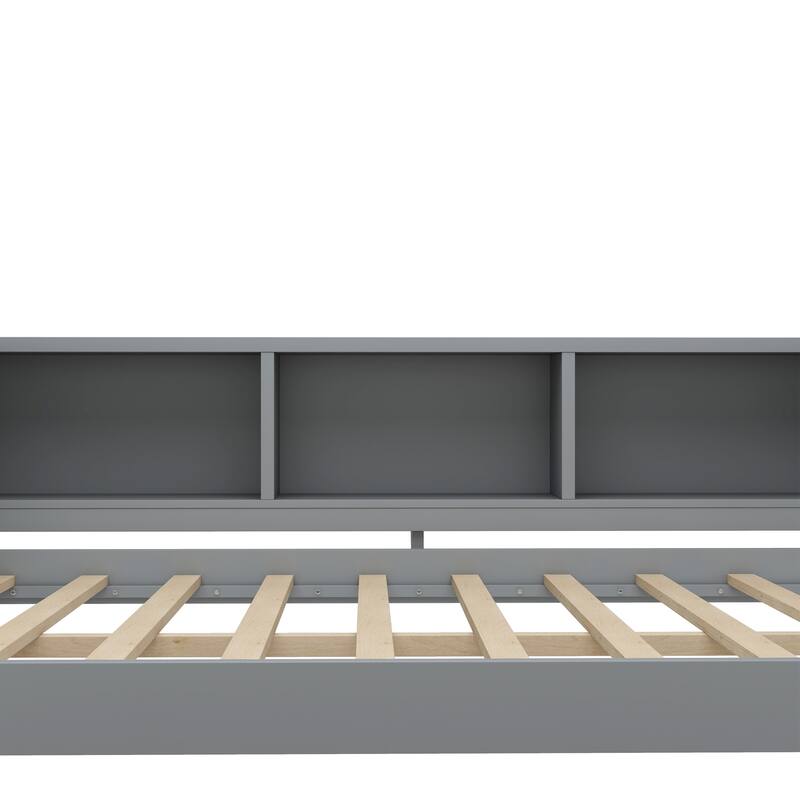 Full Size Wood Daybed with Trundle, Storage Drawers, Side Shelves, and Desk, Gray