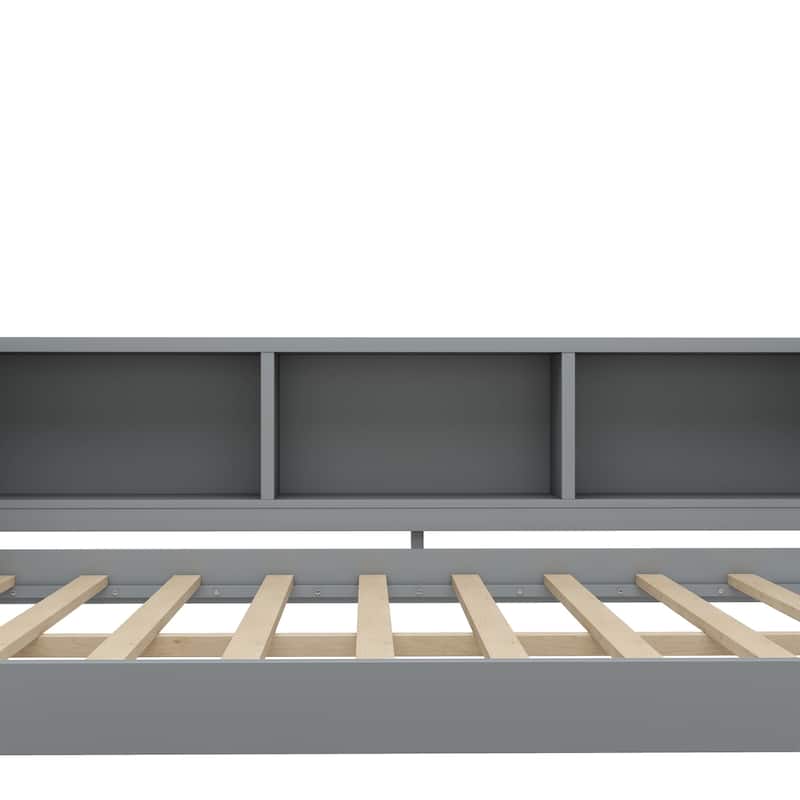 Roomfitters Twin/Full Size Wood Daybed with Trundle, Storage Drawers, Side Shelves & Built-in Desk, No Box Spring Needed