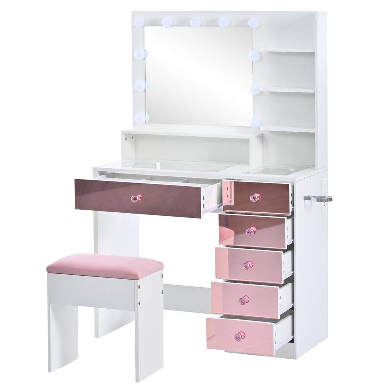 Hollywood Vanity Desk with 9 Bulbs, 3 Lighting Modes & Pink Storage