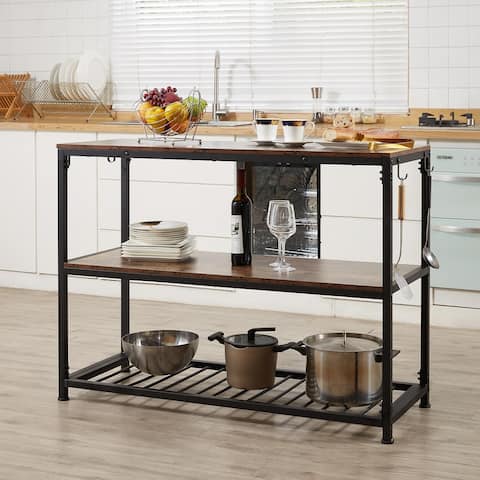 Multifunction Kitchen Island with Undershelves and Side Hooks