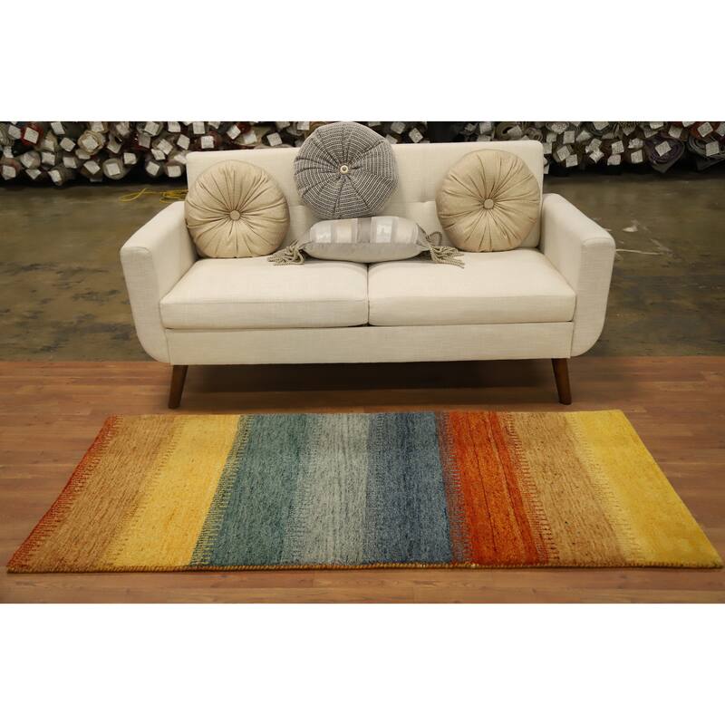 Hand Knotted Oriental 100% Wool Carpet Modern Stripe Multi-Colored Gabbeh Area Rug - 5' 10'' X 2' 9''