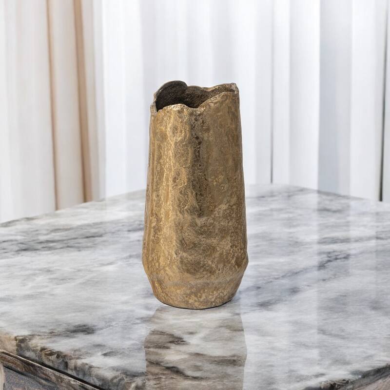 Gold Hammered Aluminum Cylinder Vase for Table or Shelf Decor