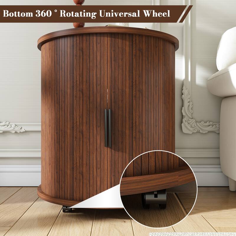 Roomfitters Round Nightstand with Charging Station, Mid Century Modern End Table with Sliding Door and USB, Walnut Finish