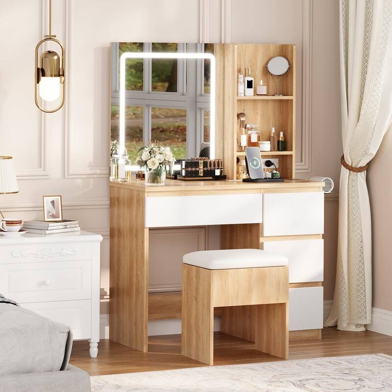 Vanity Desk with LED Mirror, Charging Ports, Storage Stool, Drawers, Hair Dryer Holder