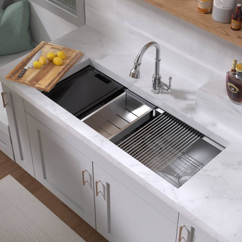Whitehaus Undermount Single Bowl 16 Gauge Brushed Stainless Steel Workstation Sink With Accessories