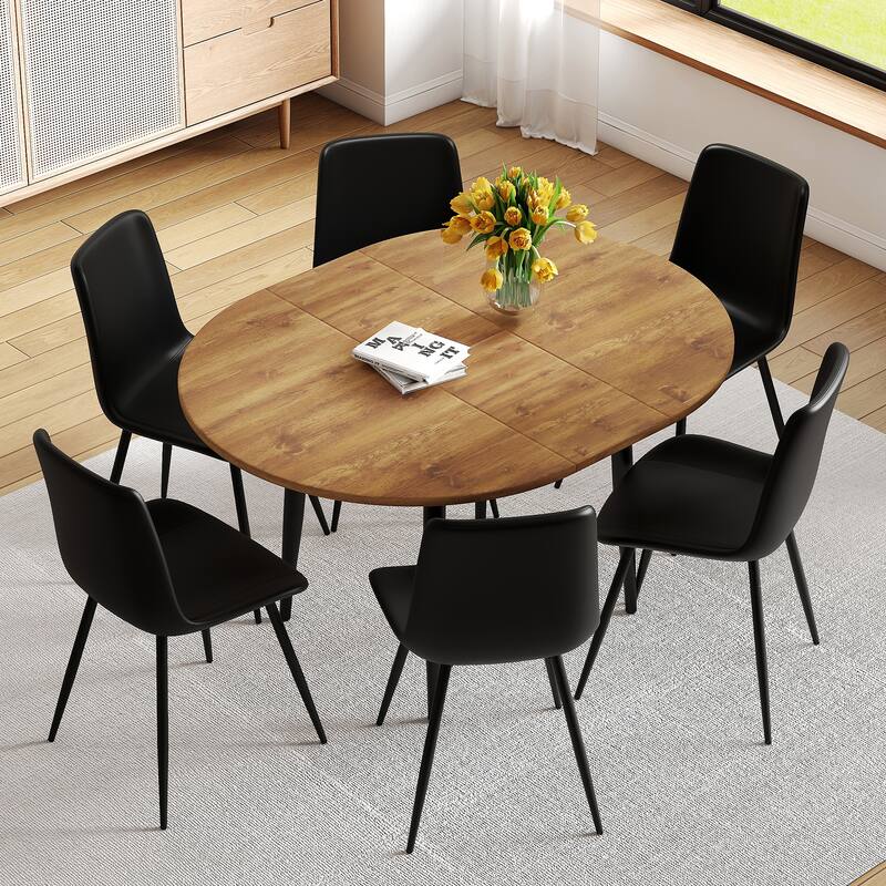 42-52" Extendable Dining Table Set for 4/6, Round Table with Faux Leather Chairs, Small Space Kitchen Table and Chairs Set - Black Wood 7 Piece Set