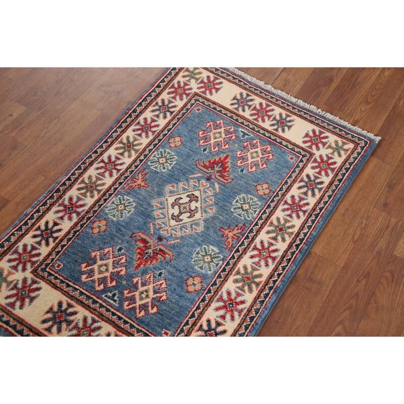 Blue Geometric Kazak Accent Rug Handmade Wool Carpet - 2'0" x 3'1"