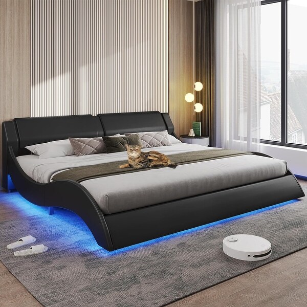 LED Bed Frame Modern Faux Leather Low Profile Platform Bed
