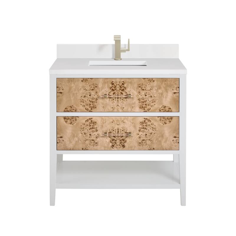 James Martin Vanities Olena 36" Single Vanity, Light Mappa Burl and Polished White - White Zeus - Single Hole
