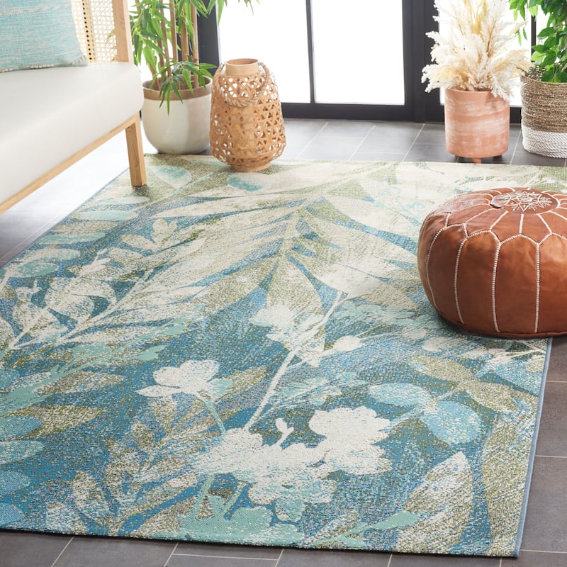 SAFAVIEH Barbados Didem Tropical Botanical Waterproof Patio Backyard Rug - 9'10" x 12'5" - Blue Green/Ivory