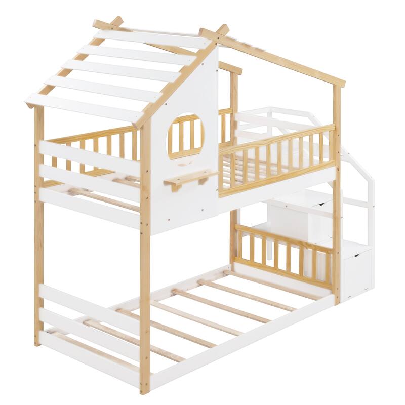Twin-Over-Twin Bunk Bed with Stairs, House Design, Storage, and Guard Rail in Natural and White