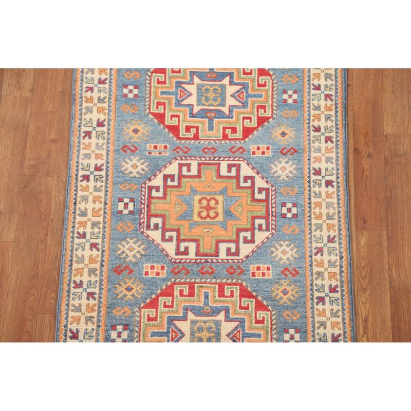 Light Blue Kazak Accent Rug Handmade Wool Carpet - 2'7" x 4'3"