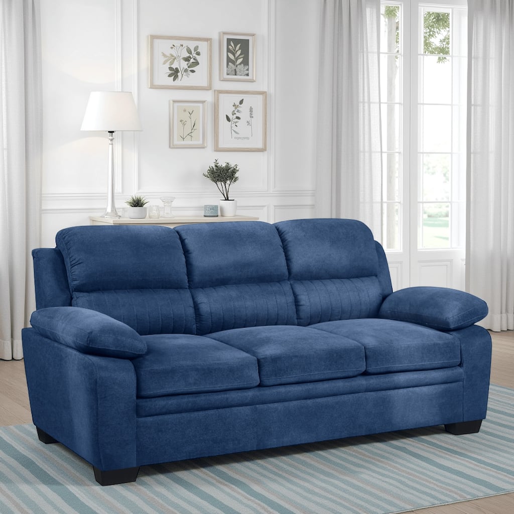 Hugh 80 Inch Modern Sofa, Blue Fabric, Pillow Armrests, Channel Tufted