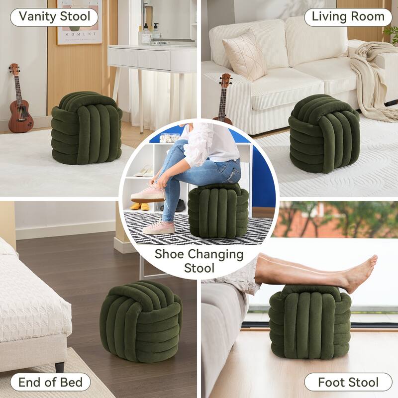 Chenille Fabric Modern Knot Design Ottoman Makeup Stool Footstool, Comfortable and Stylish Seat for Living Room, Bedroom - Green