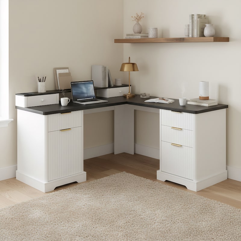 Executive L Shaped Desk Home Office Desk with Charging Station, Corner Computer Desk with Monitor Stand, Drawer, Storage Cabinet