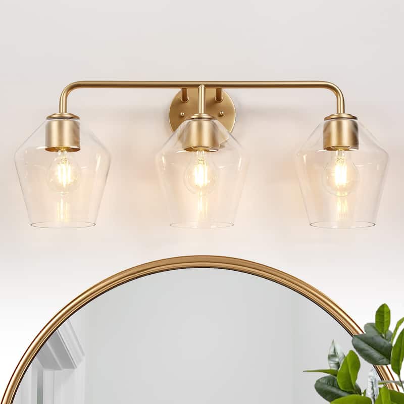 Modern Gold 3-Light Bathroom Vanity Light Glass Metal Wall Sconces - W24.4"