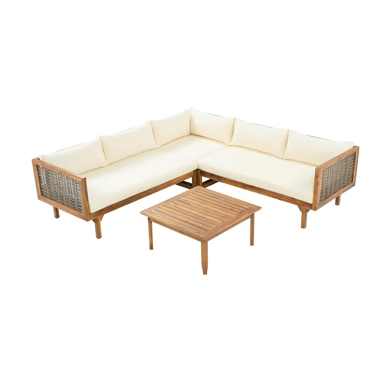 Acacia Wood Outdoor Modular Seating Set with Waterproof Cushions and Side Table Outdoor Sofa Set for Garden