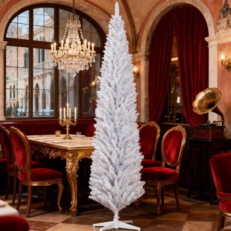Christmas Tree, 8ft Pencil Artificial Christmas Tree with Realistic Branches and 618 Tips, Plastic Base - White